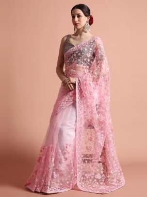 Baby Pink Party Wear Floral Embroidered Net Saree