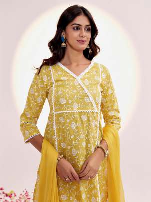 Yellow Pure Cotton Festive Chikankari Kurta Set With Dupatta