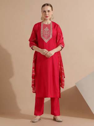 Pink Festive Embroidered Kurta Set With Embellished Dupatta