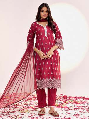 Maroon Embroidered Cotton Schiffli Kurta Set With Dupatta